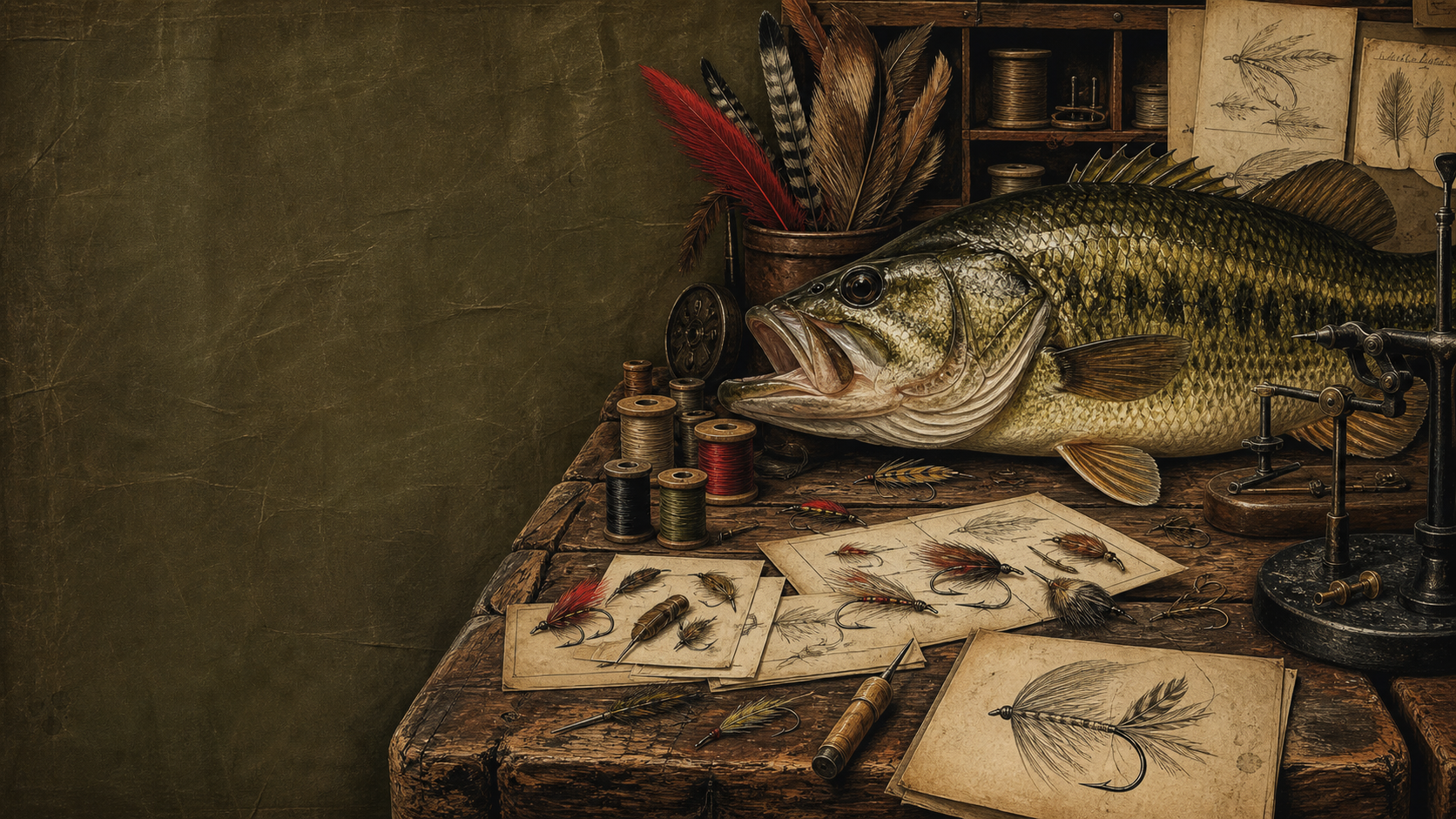 Bass beside a Yorkshire fly-tying workbench